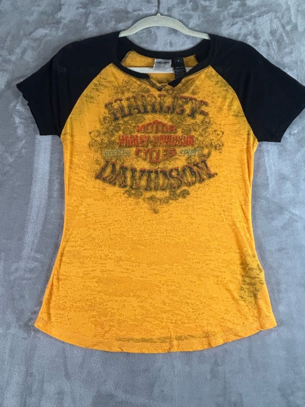 Harley Davidson Yellow & Black Raglan Graphic Tee